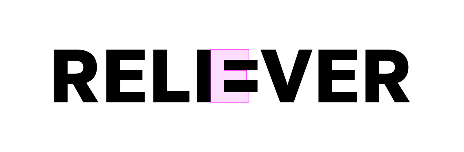 The construction diagram: the RELI=VER wordmark with the designer's pink guide box marking the second-E letter slot where the equals sign is formed