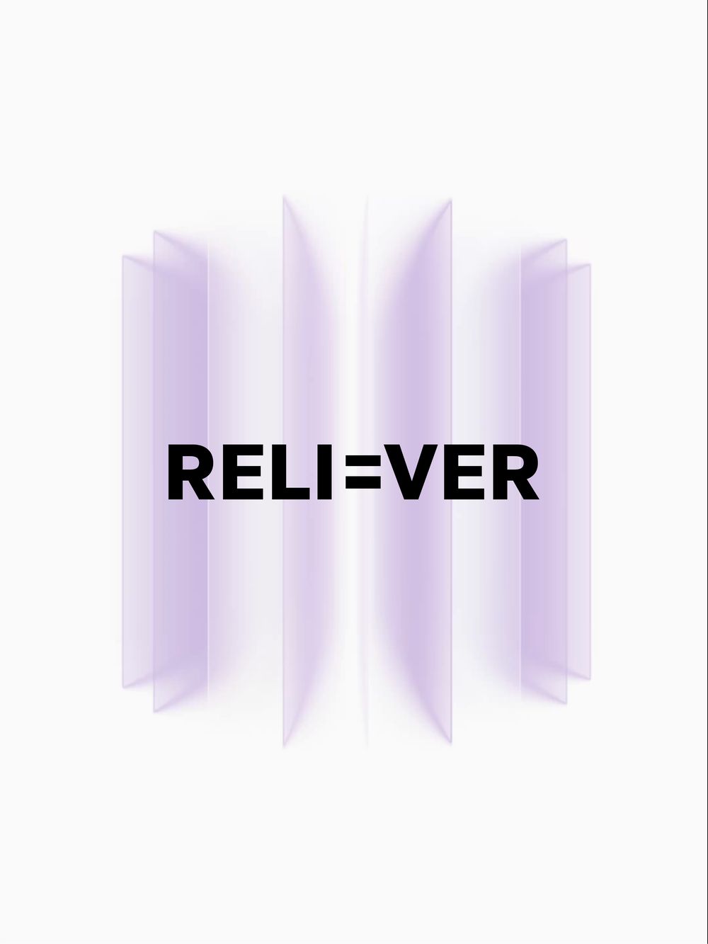The black RELI=VER wordmark centered on a field of translucent lavender prism panels
