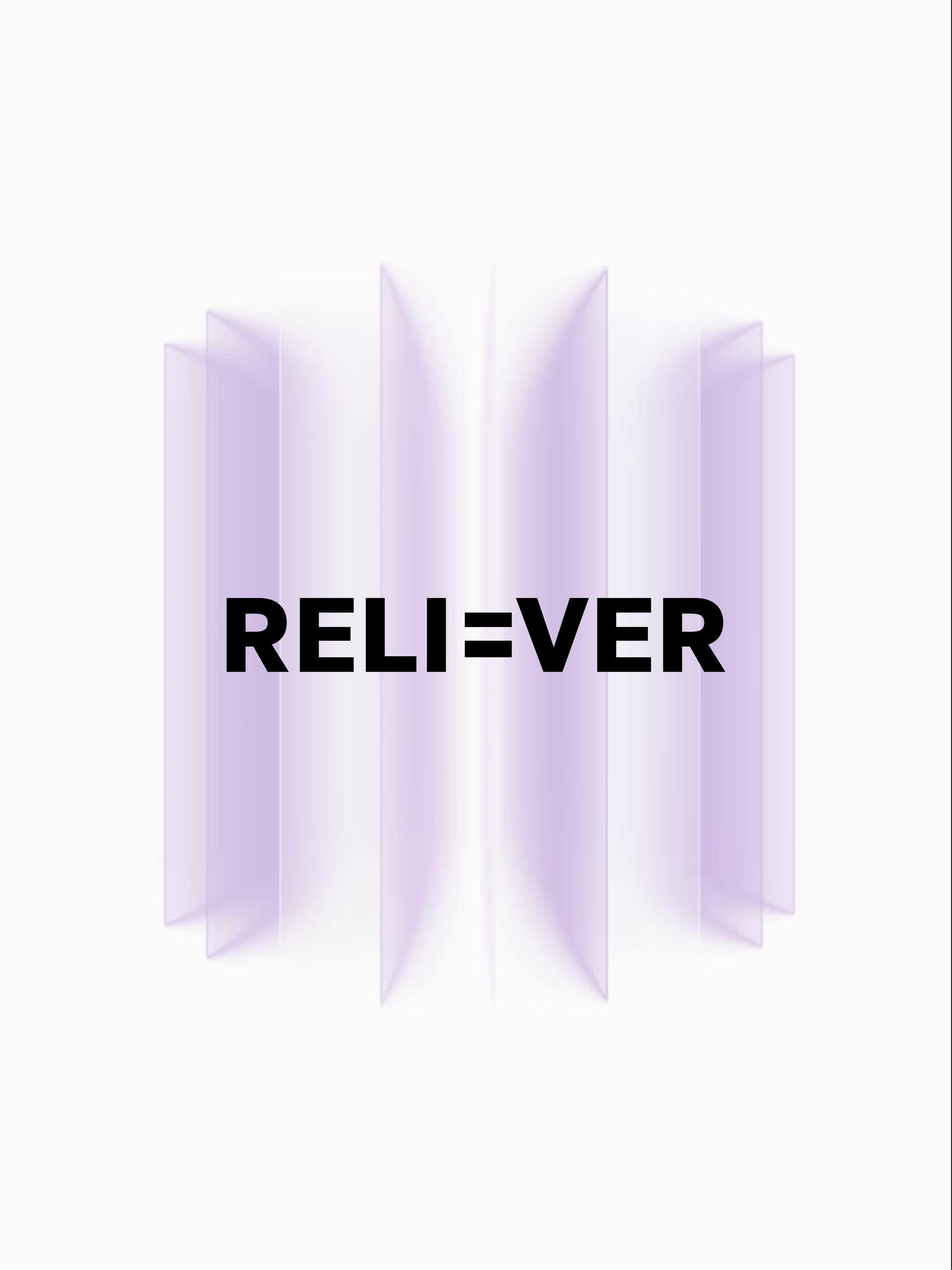 The black RELI=VER wordmark centered on a field of translucent lavender prism panels, layered like blades of light through glass